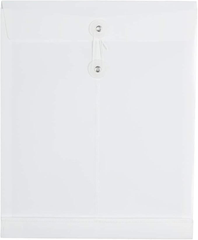 JAM PAPER Plastic Envelopes with Button & String Tie Closure - Letter Open End - 9 3/4 x 11 3/4 - White - 12/Pack