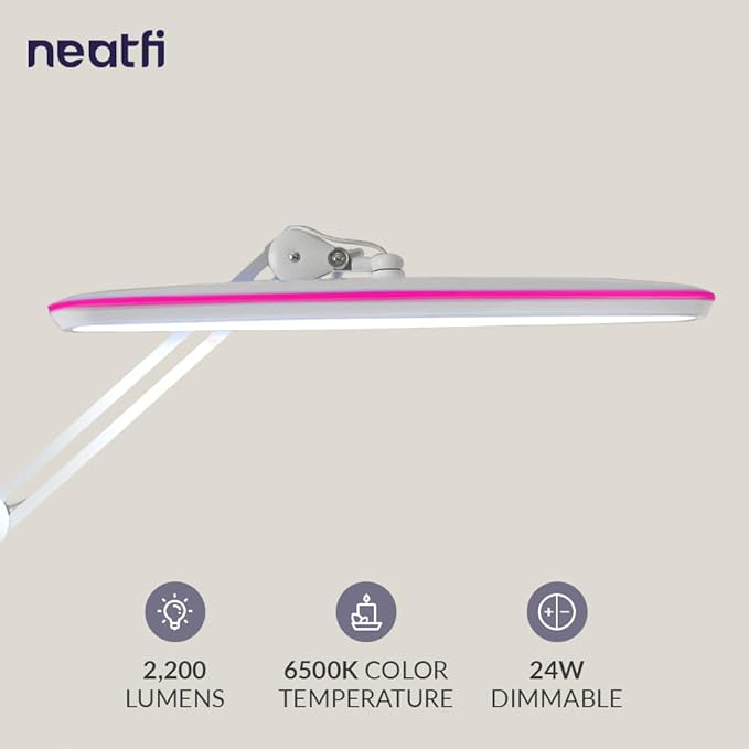 Neatfi XL 2,200 Lumens LED Desk Lamp, 23 Inch, 24W, Adjustable Arm, Dimmable, Eye Caring, Nail Light for Home, Office, and Study Room (Non-CCT with Clamp, White with Pink Ring)