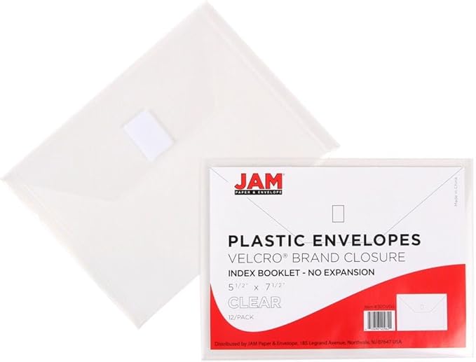 JAM PAPER Plastic Envelopes with Hook & Loop Closure - Index - 5 1/2 x 7 1/2 - Clear - 3/Pack