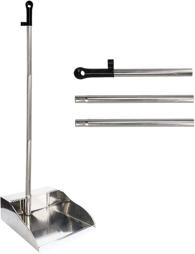 Metal Dustpan Long Handle Stainless Steel Dustpan,Heavy Duty Standing Dust Pan with Teeth, Indoor Outdoor Up for Home Kitchen Lobby Room Office