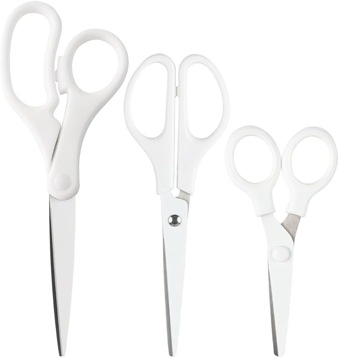JAM PAPER Multi Purpose Scissors Set - White - Assorted Sizes - Ergonomic Handle & Stainless Steel Pointed Tip Blades - 3/Pack