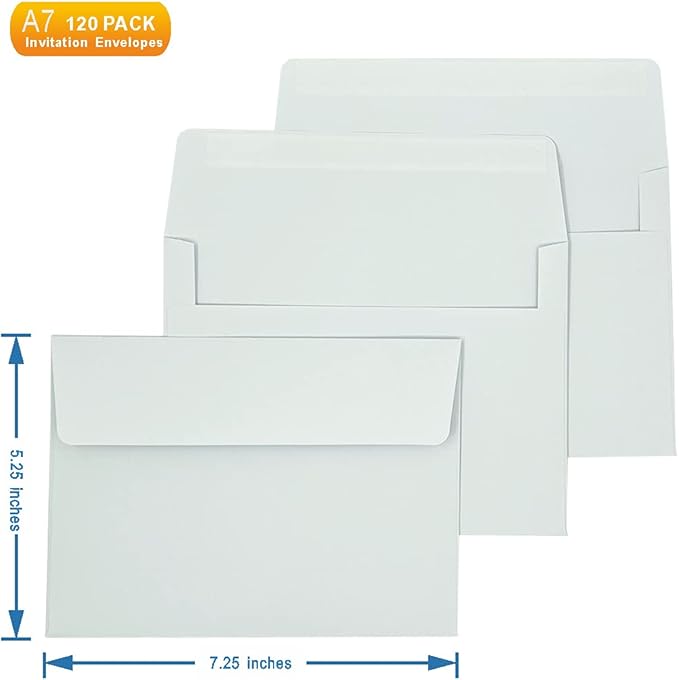 A7 Invitation envelopes （120 PCS 5.25x7.25 in） - windowless design 120GSM white paper envelopes with printable quick self-seal for invitations, greeting cards, photos, invoices