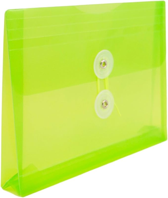 JAM PAPER Plastic Envelopes with Button & String Tie Closure - Index Size - 5 1/2 x 7 1/2 - Lime Green - 3/Pack