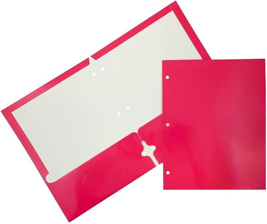 JAM PAPER Laminated Two Pocket Glossy 3 Hole Punch School Folders - Letter Size - High Gloss Fuchsia Hot Pink - Bulk 50/Box