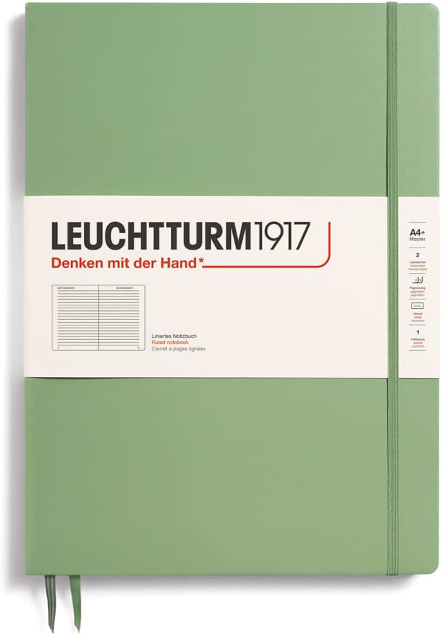 LEUCHTTURM1917 - Notebook Hardcover Master Slim A4+ - 123 Numbered Pages for Writing and Journaling (Sage, Ruled)