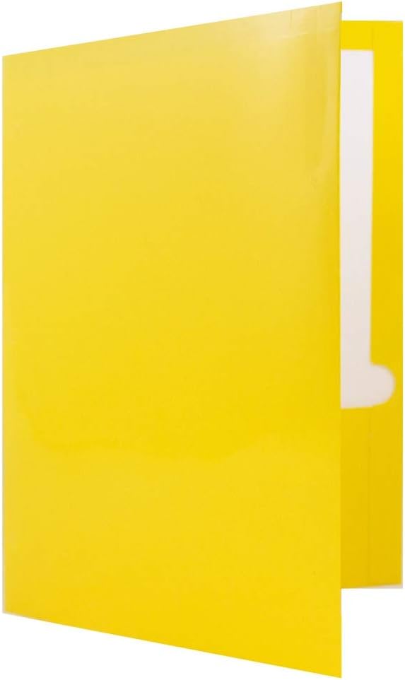 JAM PAPER Laminated Two Pocket Glossy 3 Hole Punch School Folders - Letter Size - High Gloss Yellow - Bulk 50/Box