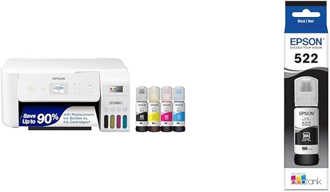Epson EcoTank ET-2800 Wireless Color All-in-One Cartridge-Free Supertank Printer & 522 EcoTank Ink Ultra-high Capacity Bottle Black (T522120-S)