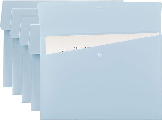 VANRA Poly File Folders Letter Size File Jackets Organizer Plastic Envelope A4 Flat Document Holder with Snap Button Closure (Pastel Blue, Pack of 5)