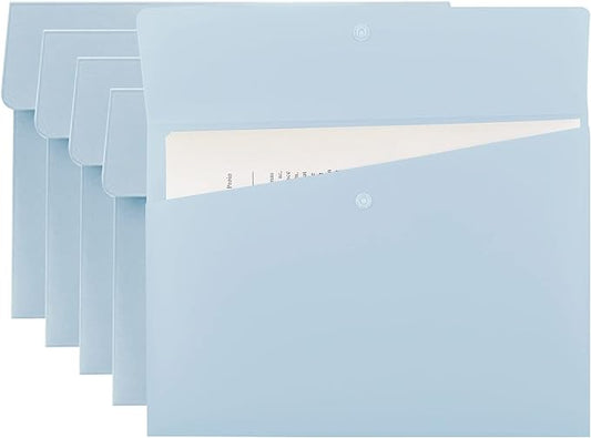VANRA Poly File Folders Letter Size File Jackets Organizer Plastic Envelope A4 Flat Document Holder with Snap Button Closure (Pastel Blue, Pack of 5)