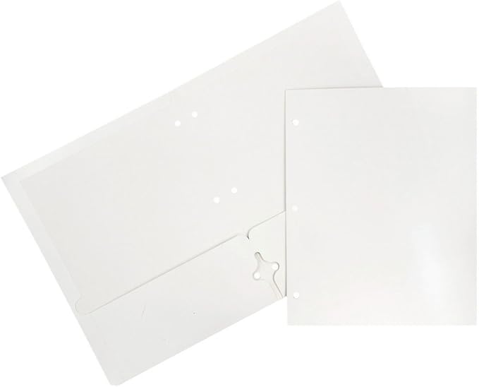 JAM PAPER Laminated Two Pocket Glossy 3 Hole Punch School Folders - Letter Size - High Gloss White - Bulk 50/Box