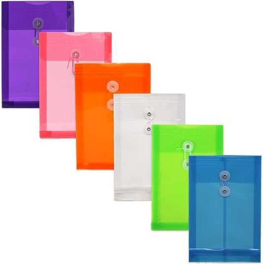 JAM PAPER Plastic Envelopes with Button & String Tie Closure - 6 1/4 x 9 1/4 - Assorted Colors - 6/Pack