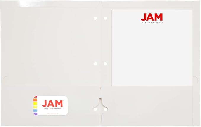 JAM PAPER Laminated Two Pocket Glossy 3 Hole Punch School Folders - Letter Size - High Gloss White - Bulk 50/Box