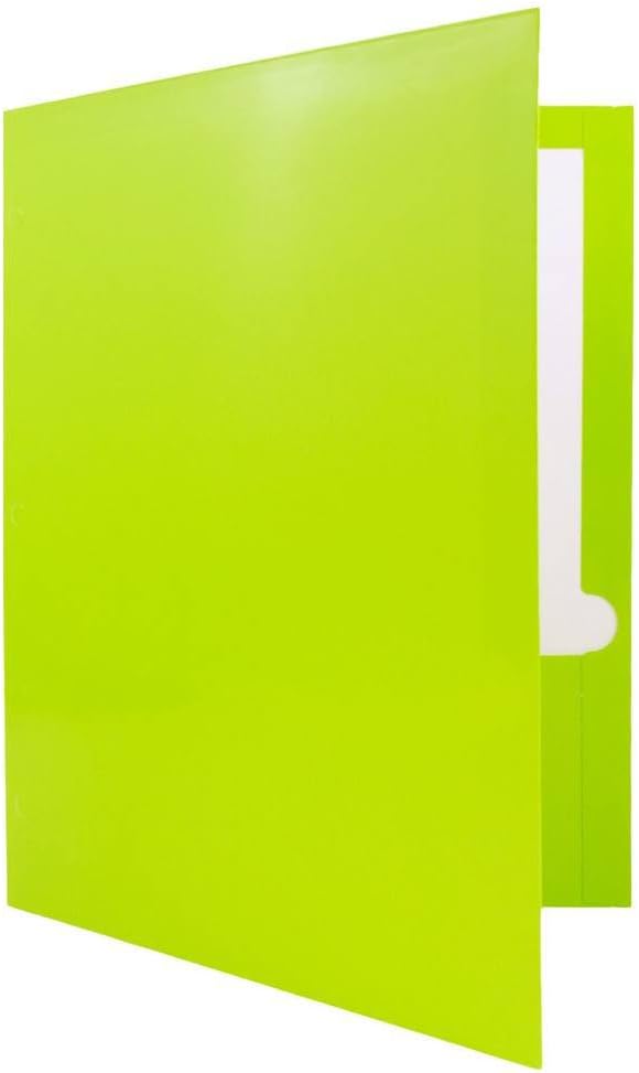 JAM PAPER Laminated Two Pocket Glossy 3 Hole Punch School Folders - Letter Size - High Gloss Lime Green - Bulk 25/Pack