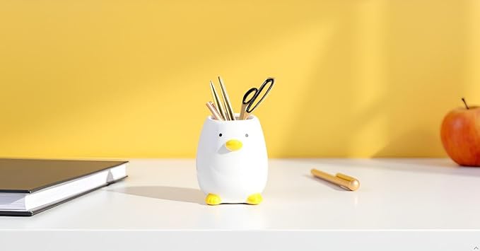 Ceramic Round Pen Holder for Desk Cute Cartoon Animal Stand Pencil Cup Pot Desk Organizer(Gray White), Yellow