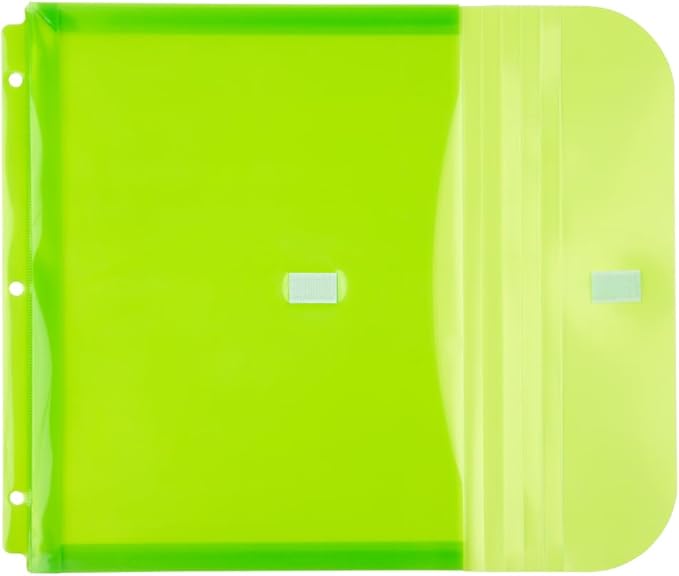 JAM PAPER Plastic 3 Hole Punch Binder Envelopes with Hook & Loop Closure - Letter Booklet - 9 1/2 x 11 1/2 with 1 Inch Expansion - Lime Green - 12/Pack