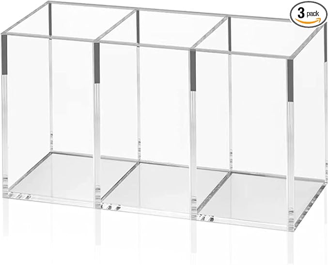 NIUBEE Acrylic Pen Holder 3 Compartments, Clear Pencil Organizer Cup for Countertop Desk Accessory Storage