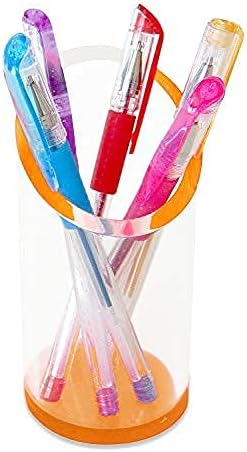 OfficeGoods Acrylic Pen & Pencil Holder - Modern Cylinder Design - Beautiful Desk Organizer for Home or Office - Contrasting Base & Rim - 5.25” H x 2.5” W - Neon Tangerine