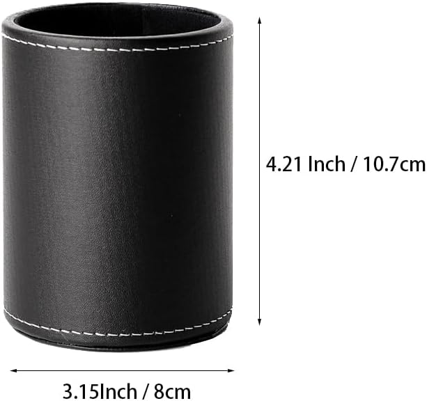 Round Pen Pencil Holder, PU Leather Pencil Cup, Desktop Stationery Organizer, Stand Desk Organizer, Office Accessories Container (Black)