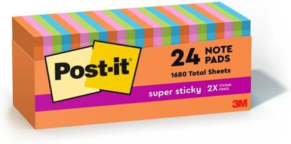 Post-it Super Sticky Notes, 24 Sticky Note Pads, 3 x 3 in., School Supplies, Office Products, Sticky Notes for Vertical Surfaces, Monitors, Walls and Windows, Energy Boost Collection