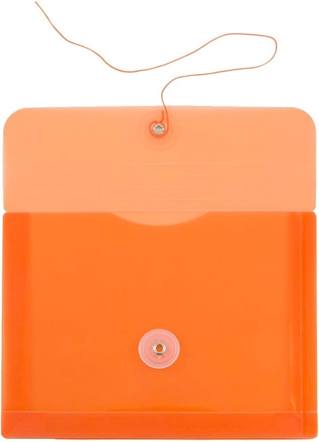 JAM PAPER Plastic Envelopes with Button & String Tie Closure - Index Size - 5 1/2 x 7 1/2 - Orange - 3/Pack