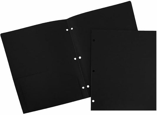 JAM PAPER Heavy Duty Plastic 3 Hole Punch Pocket Folders - Extra Tough School Folders - Black - Bulk 48/Pack
