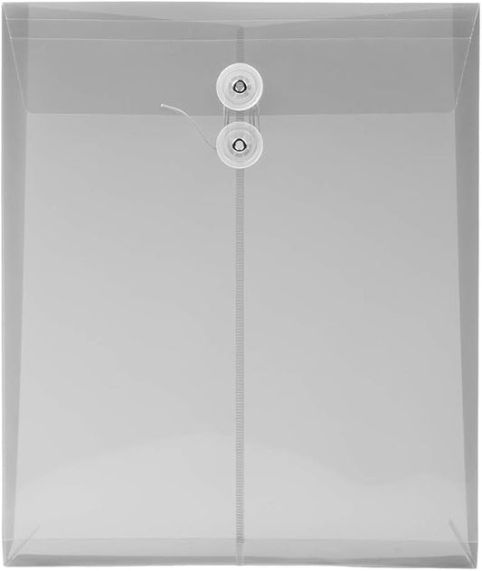 JAM PAPER Plastic Envelopes with Button & String Tie Closure - Letter Open End - 9 3/4 x 11 3/4 - Smoke Gray - 12/Pack