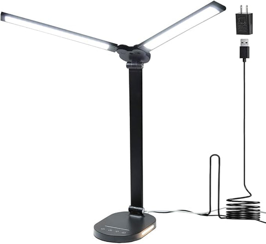 LED Desk Lamps for Home Office, 14W Bright Double Swing Arm LED Desk Lamp with USB Charging Port, Eye-Caring Task Lamp, Desktop Lamp with Night Light Table Read Light for Bedroom Work Study Craft