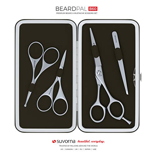 Suvorna Premium Beard & Mustache Set with Beard scissors for men - Facial Hair/Nose/Eyebrow Scissors - Slant Tweezers (4 Pcs Green)