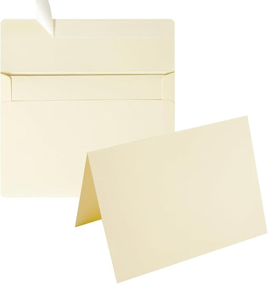 Wishop 50 Pack Self-Adhesive Envelopes with Fold Cards for Wedding Invitations, Greeting Cards, Baby Shower, Letter Mailing (Cream Color, 5x7)