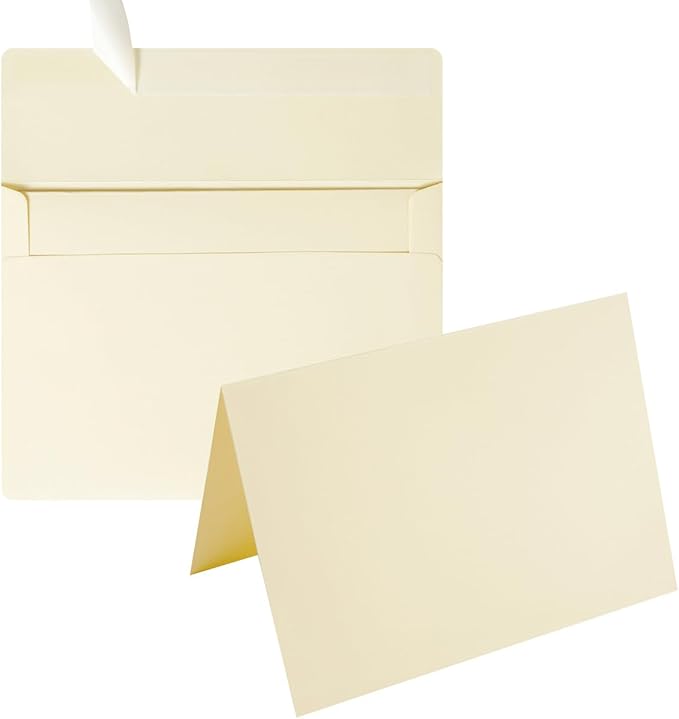 Wishop 50 Pack Self-Adhesive Envelopes with Fold Cards for Wedding Invitations, Greeting Cards, Baby Shower, Letter Mailing (Cream Color, 4x6)