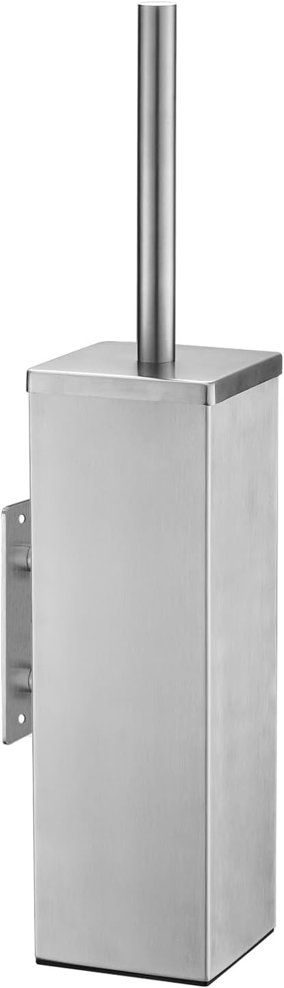 JOVYXIE Brushed Stainless Steel Square Toilet Brush with Metal Lid Dual-Use Toilet Brush Holder with Drilled + Drill-Free Hook Base Includes Removable Inner Bucket (Brushed)
