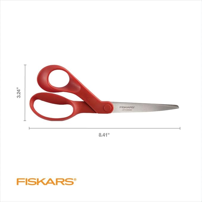Fiskars All-Purpose Left-Handed Scissors, Gifts for Mom, Ergonomically Contoured, Stainless Steel, 8", Red