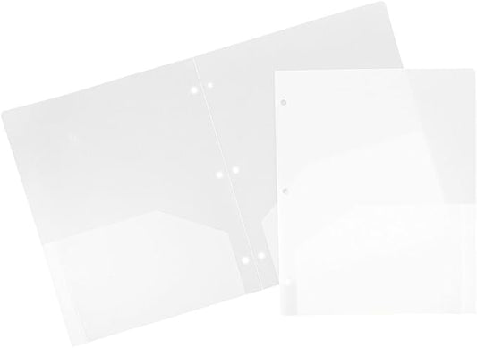 JAM PAPER Heavy Duty Plastic 3 Hole Punch Pocket Folders - Extra Tough School Folders - Clear - 6/Pack