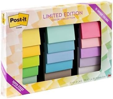 Post-it Super Sticky Notes, Limited Edition Color Collection, 3x3 in, 15 Pads/Pack, 45 Sheets/Pad (Pack of 12)