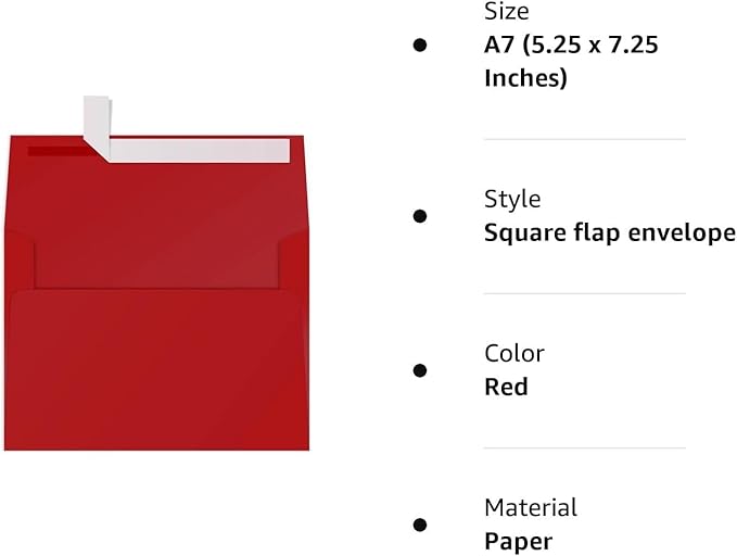 A7 Printable Red Envelopes 5X7 50 Pack - Quick Self Seal,for 5x7 Cards| Perfect for Weddings, Invitations, Photos, Graduation, Baby Shower| 5.25 x 7.25 inches，AZAZA