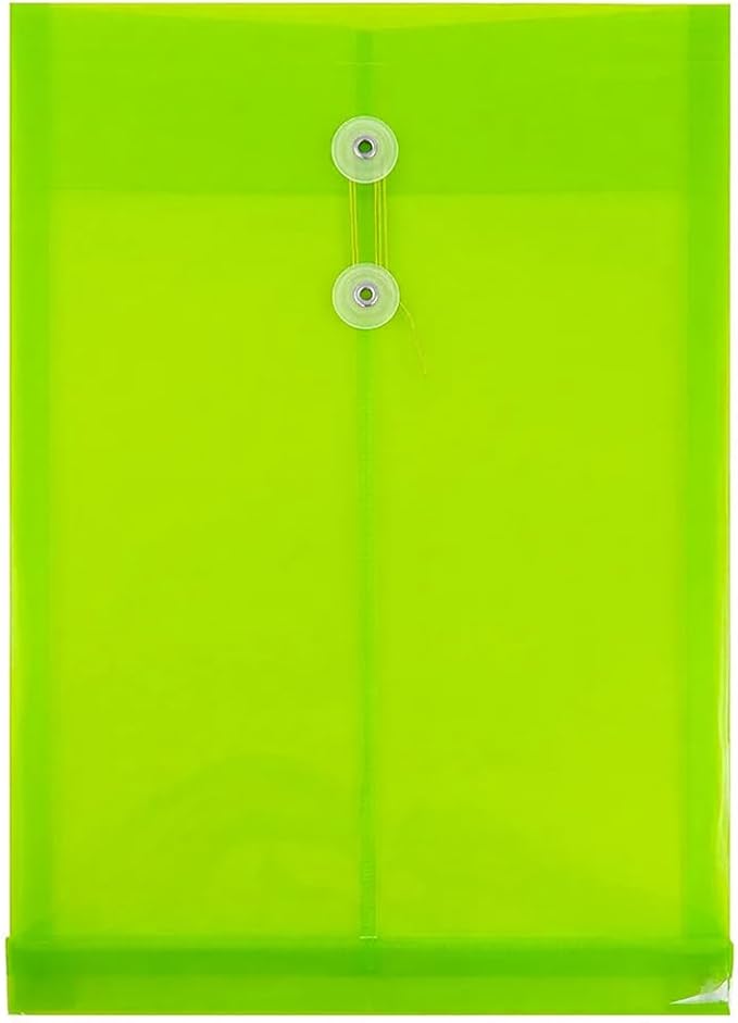 JAM PAPER Plastic Envelopes with Button & String Tie Closure - Legal Open End - 9 3/4 x 14 1/2 - Lime Green - 12/Pack