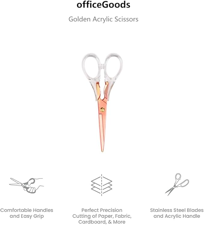 Gold Scissors, Stainless Steel Blade with Acrylic Handle, All Purpose Scissor for Office, School, Home, Fabric Shears, Tijeras (6.3" Rosegold)