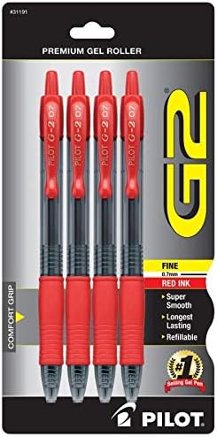 Pilot® G-2™ Retractable Gel Pens, Fine Point, 0.7 mm, Clear Barrels, Red Ink, Pack Of 4