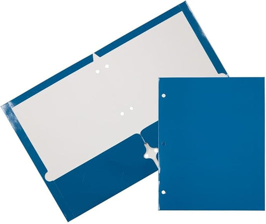 JAM PAPER Laminated Two Pocket Glossy 3 Hole Punch School Folders - Letter Size - High Gloss Blue - Bulk 100/Box