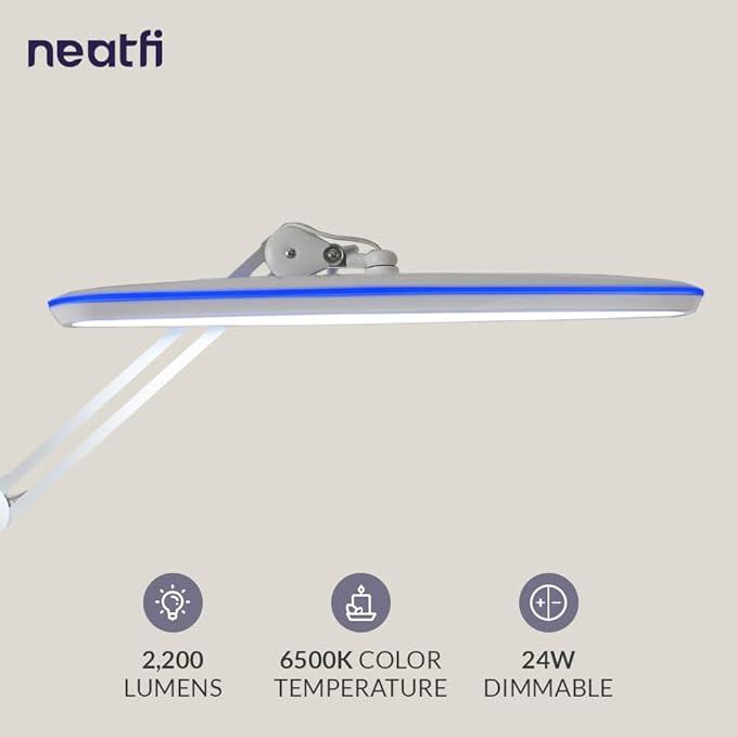 Neatfi XL 2,200 Lumens LED Desk Lamp, 23 Inches 24W, Adjustable Arm, Dimmable, Eye Caring, Nail Light for Home, Office, Study Lamp (Non-CCT with Clamp, White)