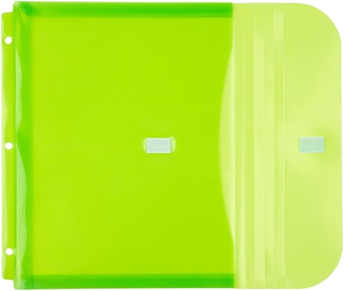JAM PAPER Plastic 3 Hole Punch Binder Envelopes with Hook & Loop Closure - Letter Booklet - 9 1/2 x 11 1/2 with 1 Inch Expansion - Lime Green - 3/Pack