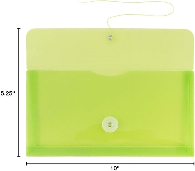 JAM PAPER Plastic Envelopes with Button & String Tie Closure - #10 Business Booklet - 5 1/4 x 10 - Lime Green - 12/Pack