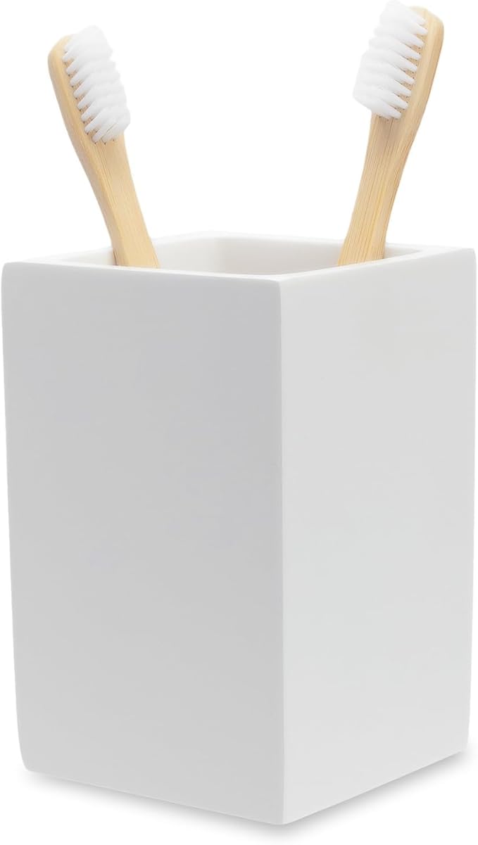 Yew Design Matte White Toothbrush and Toothpaste Holder for Bathroom Vanity and Countertop, Square Organizer for Electric Toothbrushes, Floss, Razors, Cotton, and Mouthwash