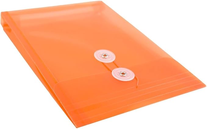 JAM PAPER Plastic Envelopes with Button & String Tie Closure - 6 1/4 x 9 1/4 - Bright Orange - 3/Pack