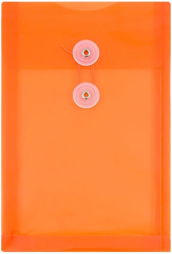 JAM PAPER Plastic Envelopes with Button & String Tie Closure - 6 1/4 x 9 1/4 - Bright Orange - 3/Pack