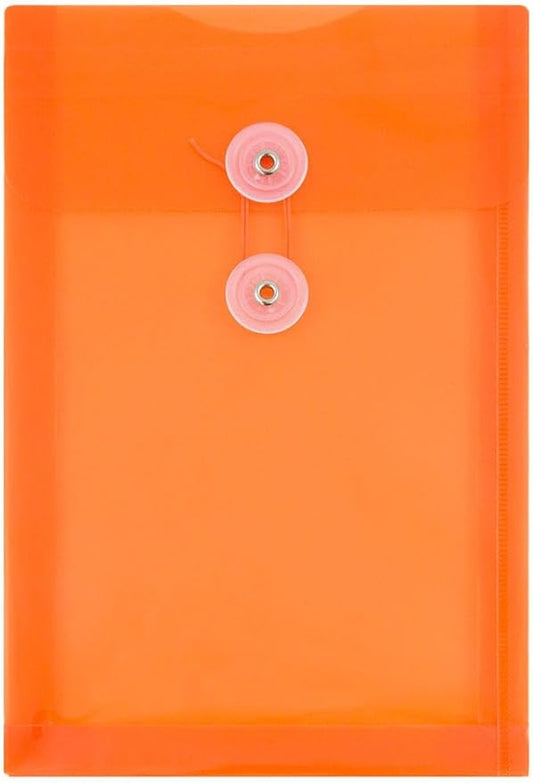 JAM PAPER Plastic Envelopes with Button & String Tie Closure - 6 1/4 x 9 1/4 - Bright Orange - 3/Pack