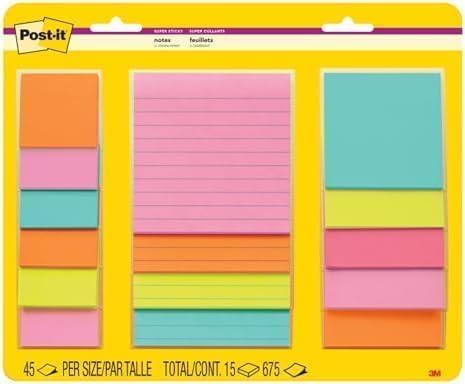 Post-it Super Sticky Notes Multi-Size Supernova Neons | Lined | Double Sticking Power | 15 Pads, Pack of 12