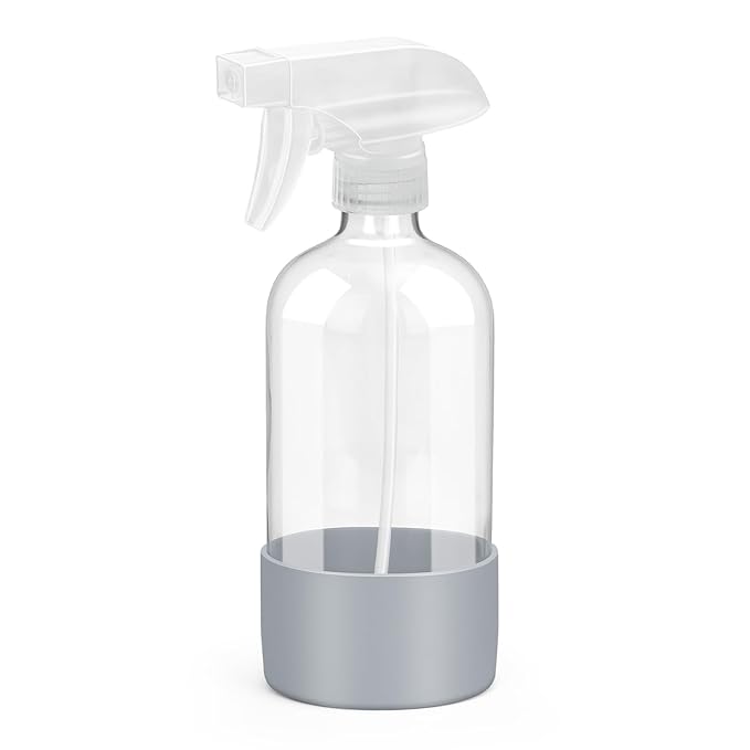 Glass Spray Bottles with Silicone Sleeve Protection, Empty 16 oz Refillable Containers, Reusable Spray Bottles with Adjustable Nozzle for Hair, Cleaning Solutions, Essential Oils 1 Pack Grey
