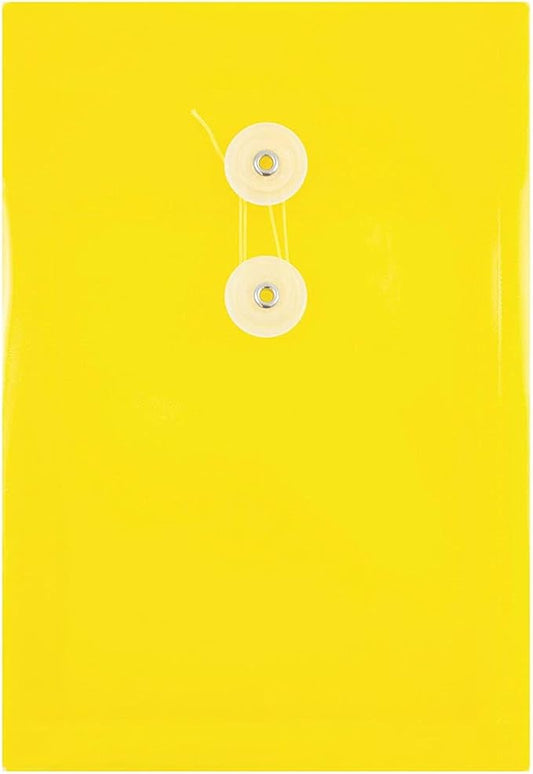 JAM PAPER Plastic Envelopes with Button & String Tie Closure - 6 1/4 x 9 1/4 - Yellow - 12/Pack