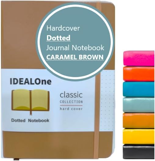 IDEALOne Dotted Classic Hardcover Notebook Journal – For Work, Home, School, 5.7 x 8 inches, 160 Pages, 100GSM, with Elastic Band Closure and Ribbon Bookmark (Caramel Brown, Single)